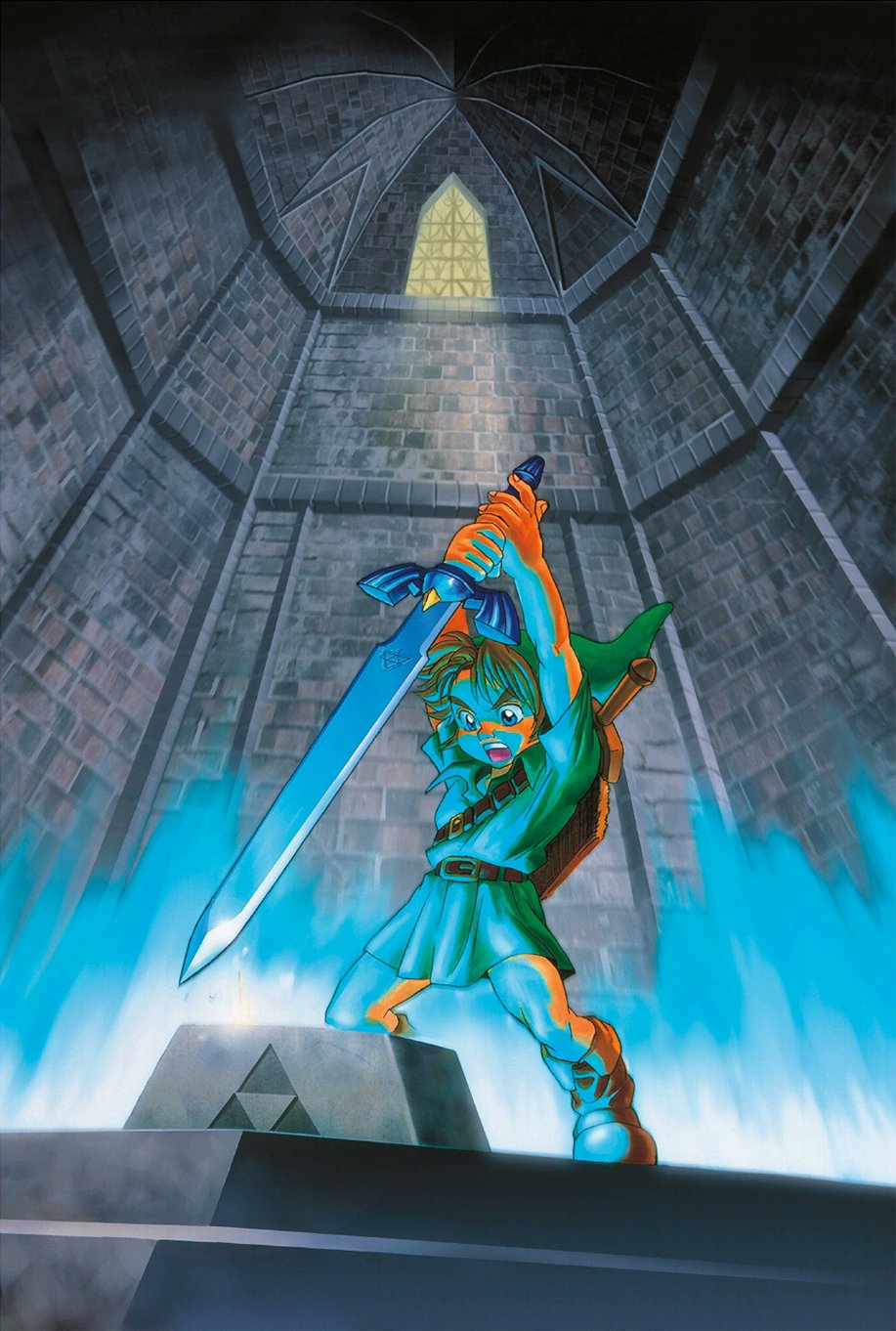 Key art from Ocarina of Time of young link pulling the master sword